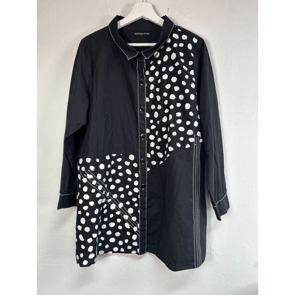 Snapdragon & Twig Womens Black Polka Dot Button-Up Tunic Shirt Large Art to Wear